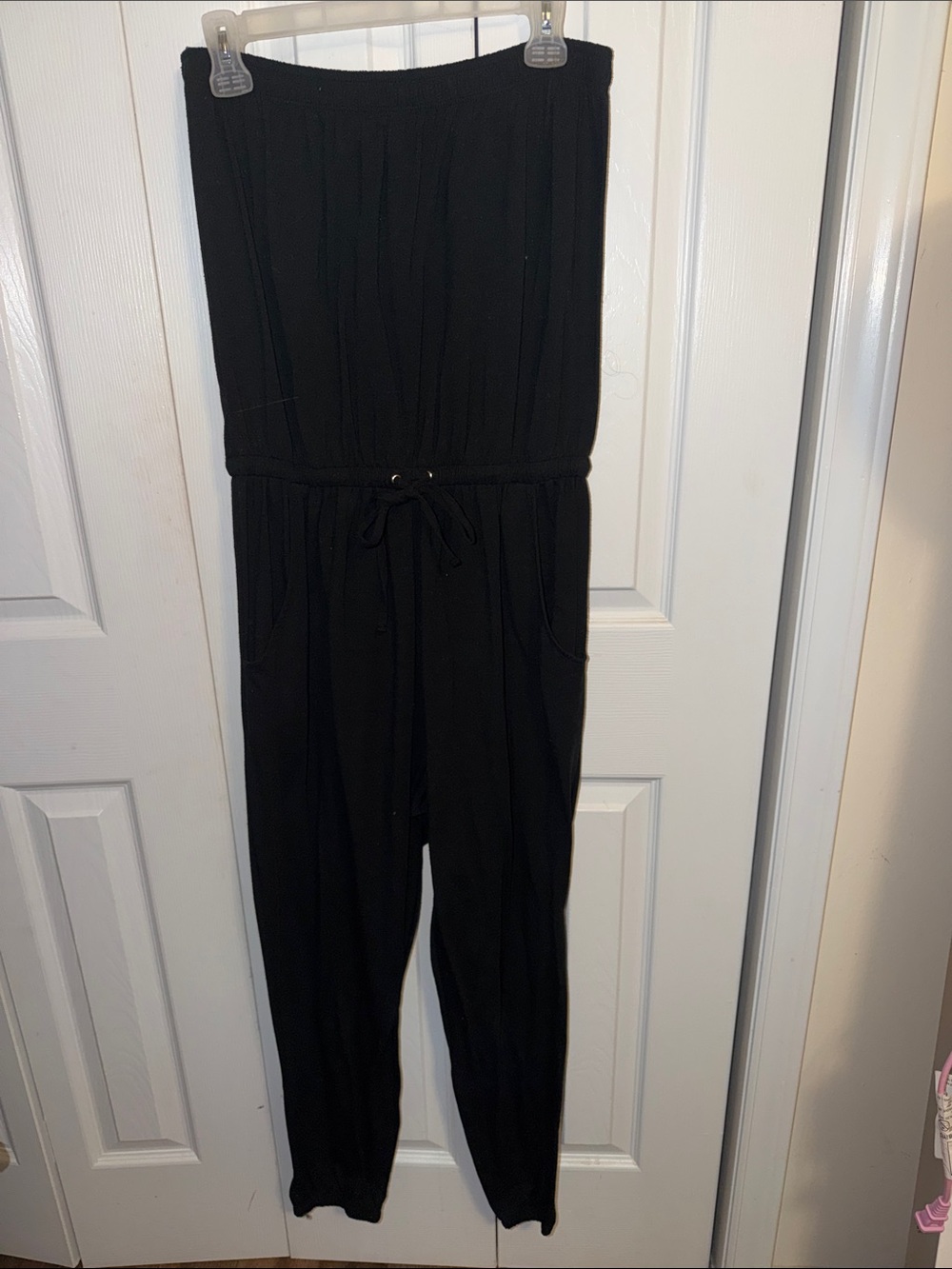 just be Black Strapless Drawstring Jumpsuit